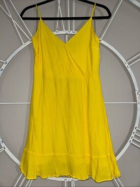 All in Favor Faux Wrap Sunny Bright Yellow Spaghetti-Strap V-Neck Mini Dress
